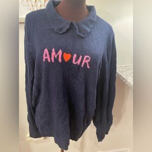 NWOT LOFT Navy Amour Sweater with Embroidered Heart Design Size XL